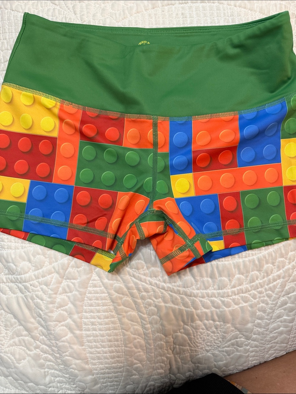 Feed Me Fight Me Green Waistband Multicolor Block Print Athletic Shorts